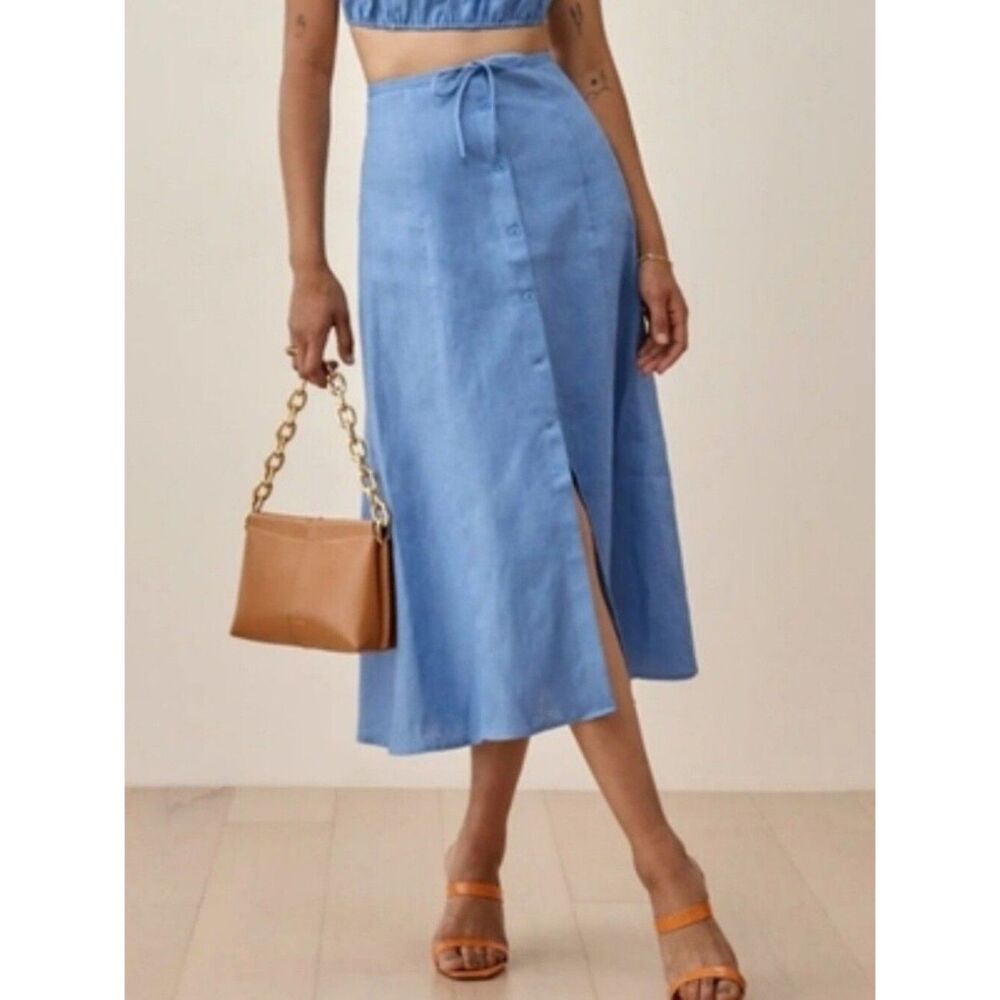 Reformation Blue Linen Midi Skirt Size 6 Boho Coastal Eurotrip Boho Cottagecore